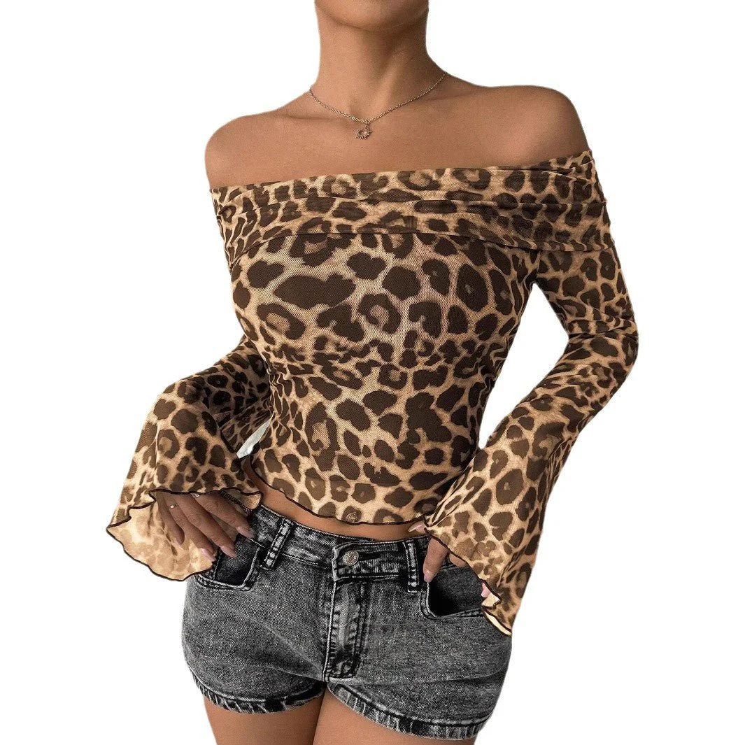 Sexy one-word shoulder long-sleeved T-shirt leopard print mesh top sexy babes - Image 5