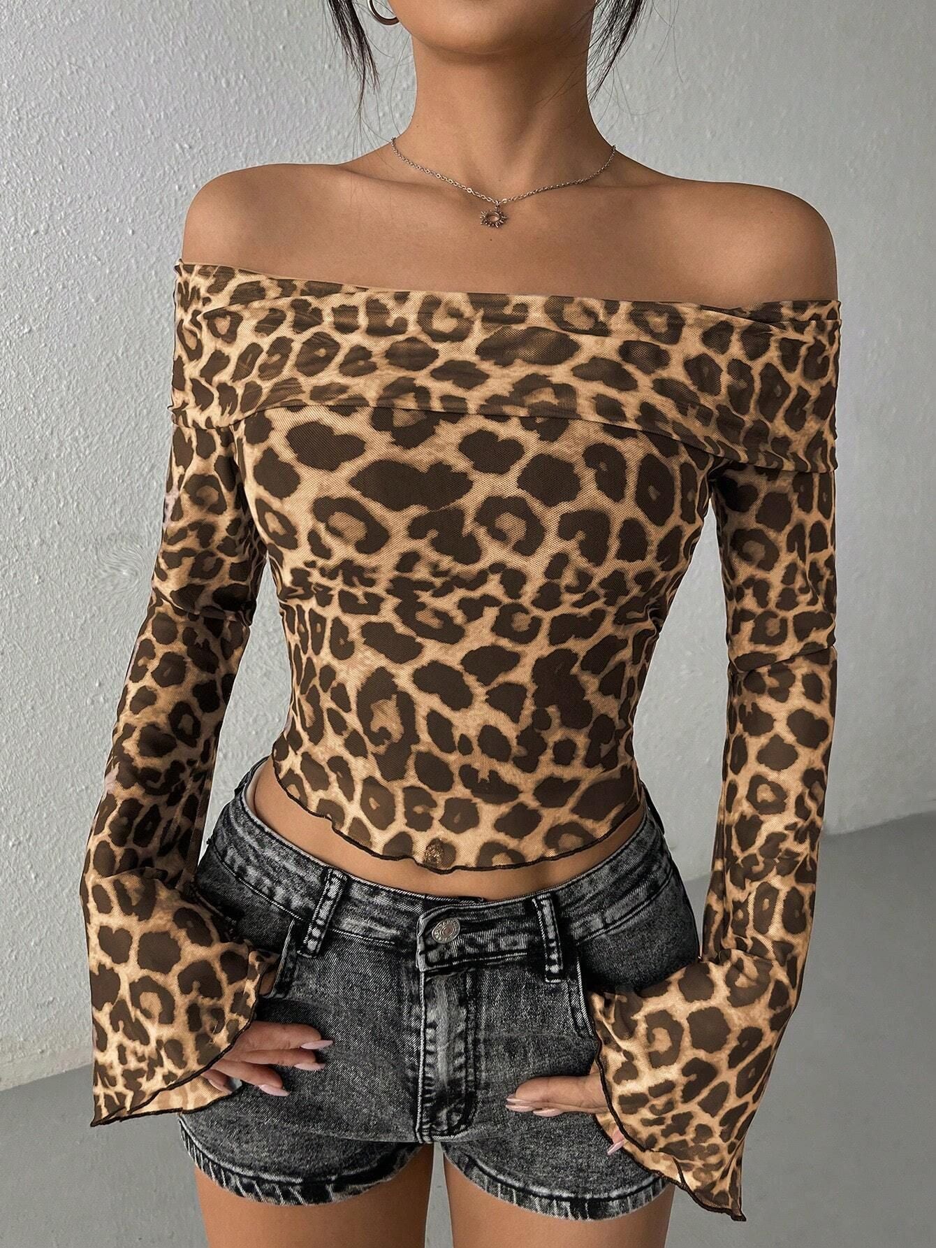 Sexy one-word shoulder long-sleeved T-shirt leopard print mesh top sexy babes - Image 7