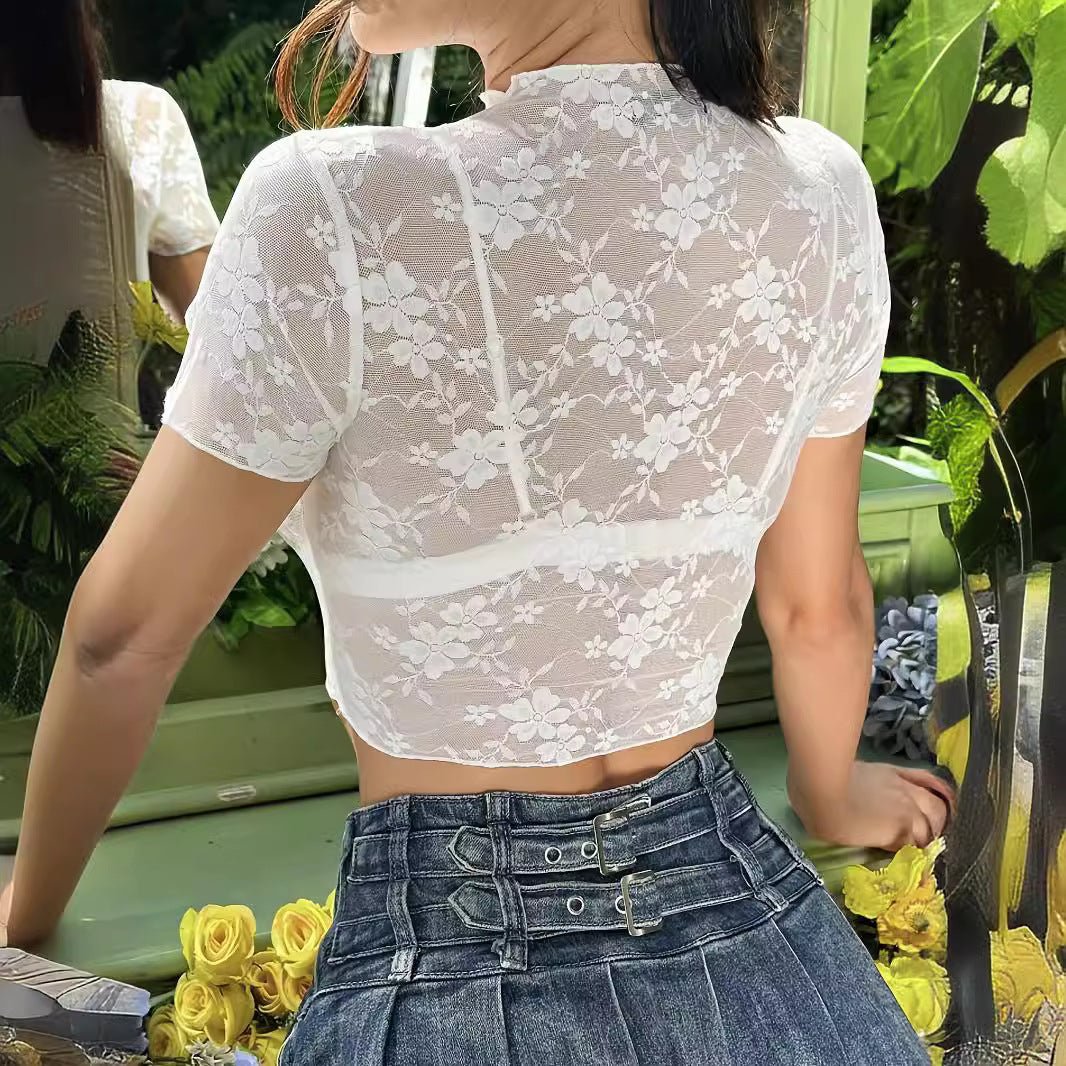 Short-sleeved lace bank flower fungus edge short T-shirt thin top women's clothing - Image 2