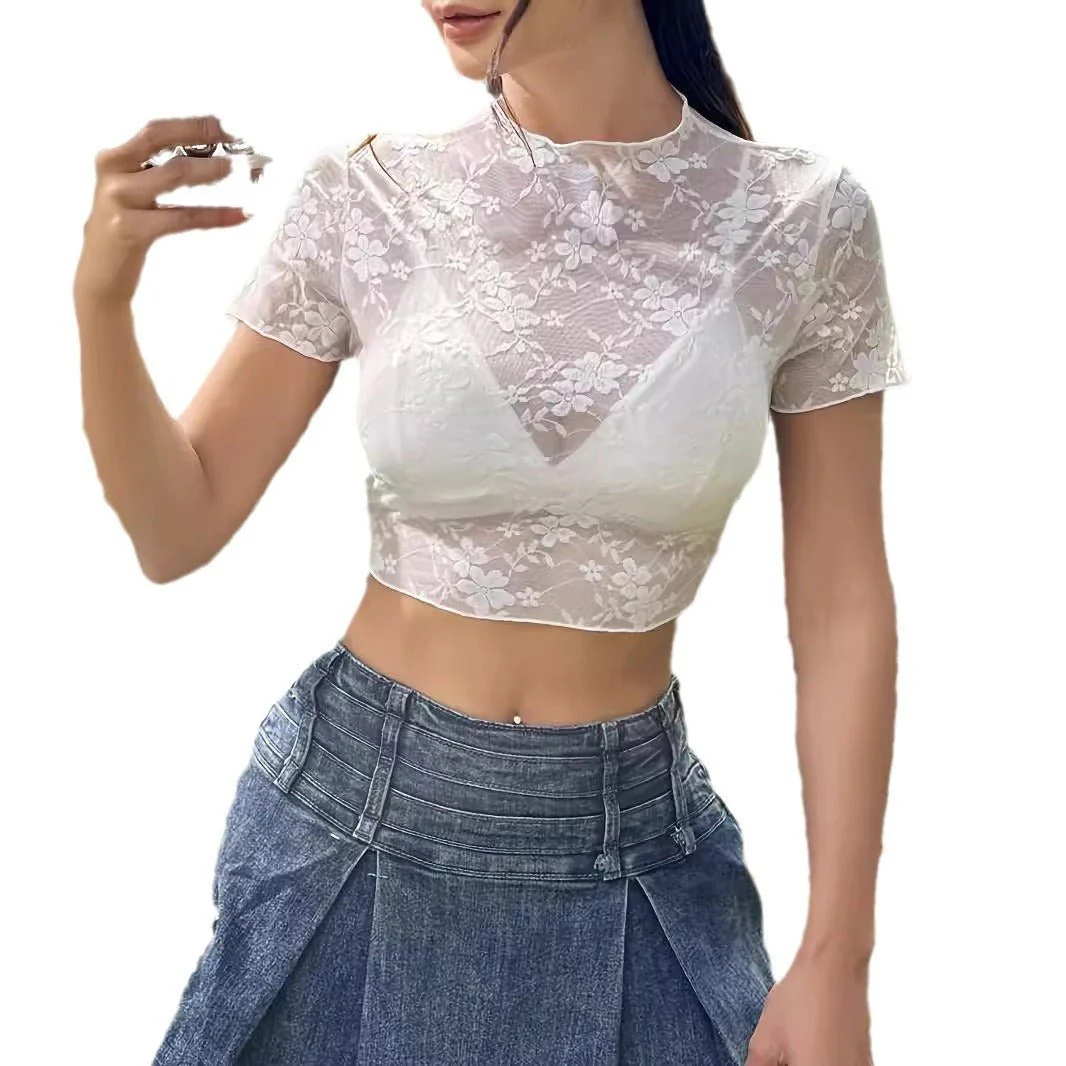 Short-sleeved lace bank flower fungus edge short T-shirt thin top women's clothing - Image 5