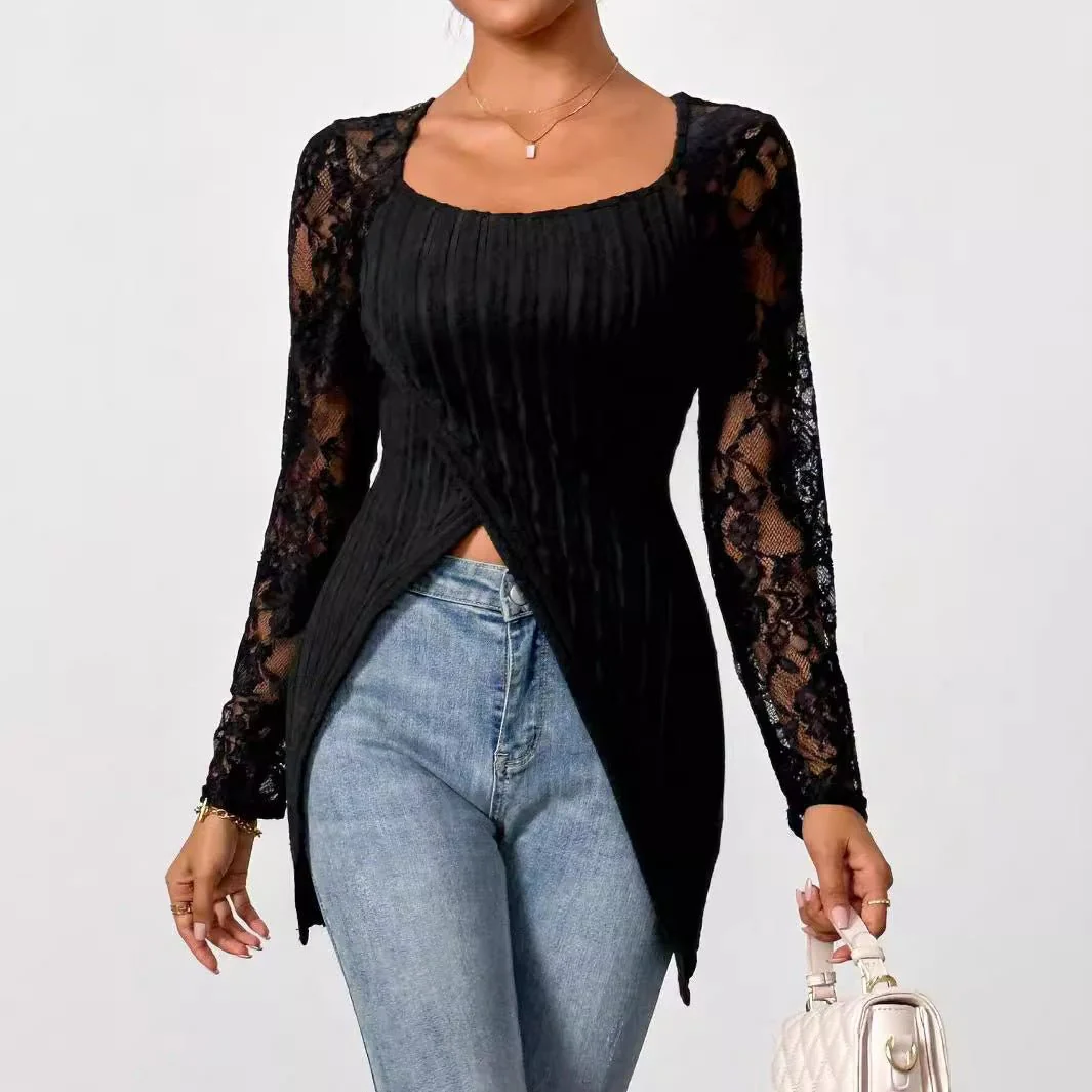 Simple fashion lace splicing long-sleeved irregular hem slim T-shirt top women
