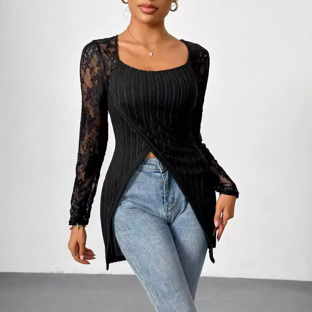 Simple fashion lace splicing long-sleeved irregular hem slim T-shirt top women - Image 3