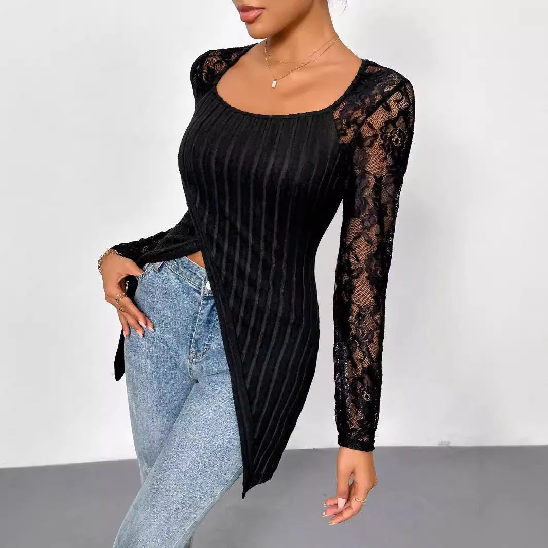 Simple fashion lace splicing long-sleeved irregular hem slim T-shirt top women - Image 4