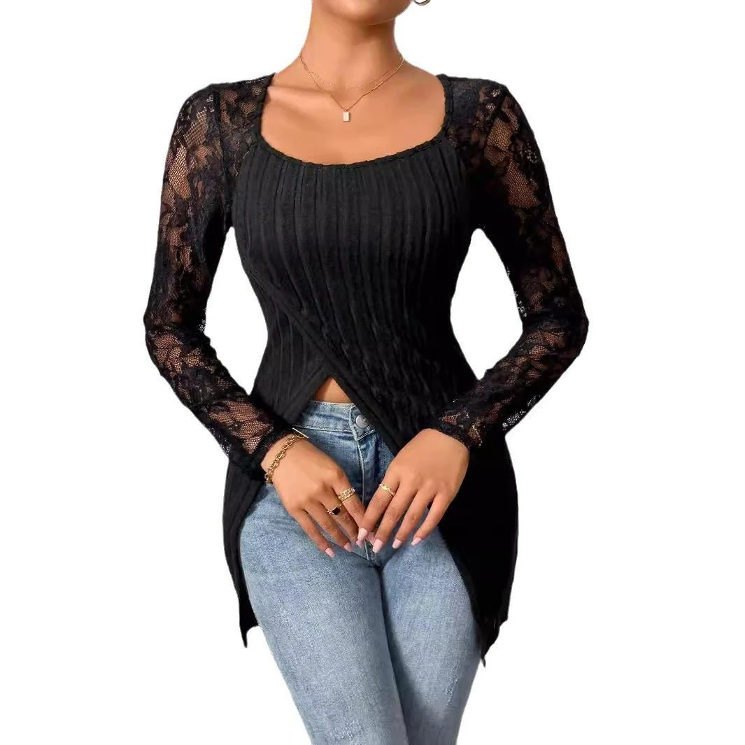 Simple fashion lace splicing long-sleeved irregular hem slim T-shirt top women - Image 5