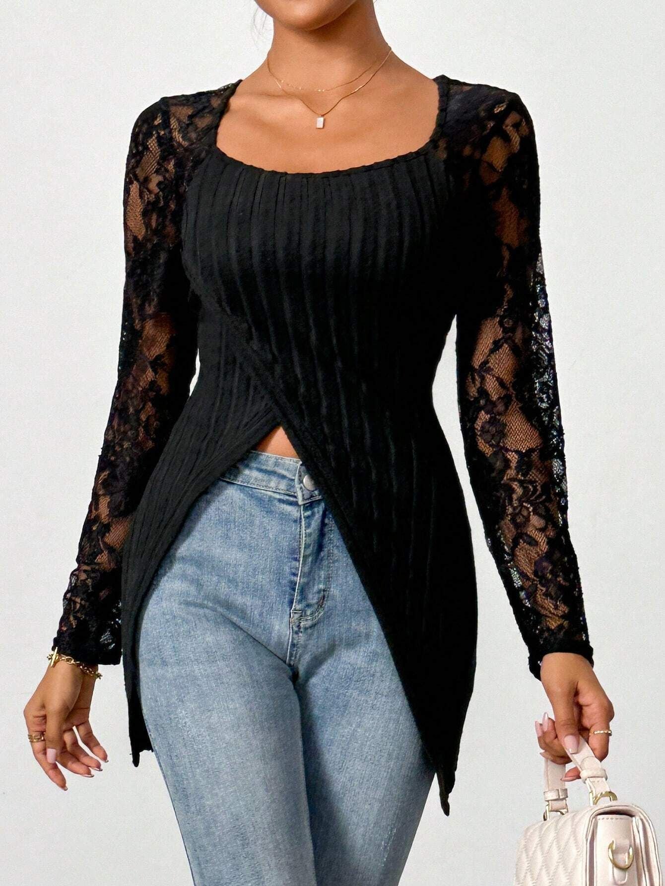Simple fashion lace splicing long-sleeved irregular hem slim T-shirt top women - Image 6
