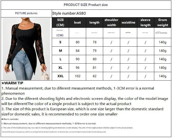 Simple fashion lace splicing long-sleeved irregular hem slim T-shirt top women - Image 7