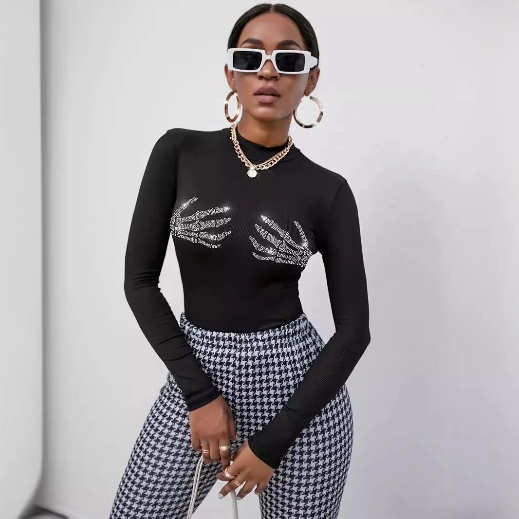 spring 2025 new ribbed knitted fashion skull hot diamond T-shirt top women