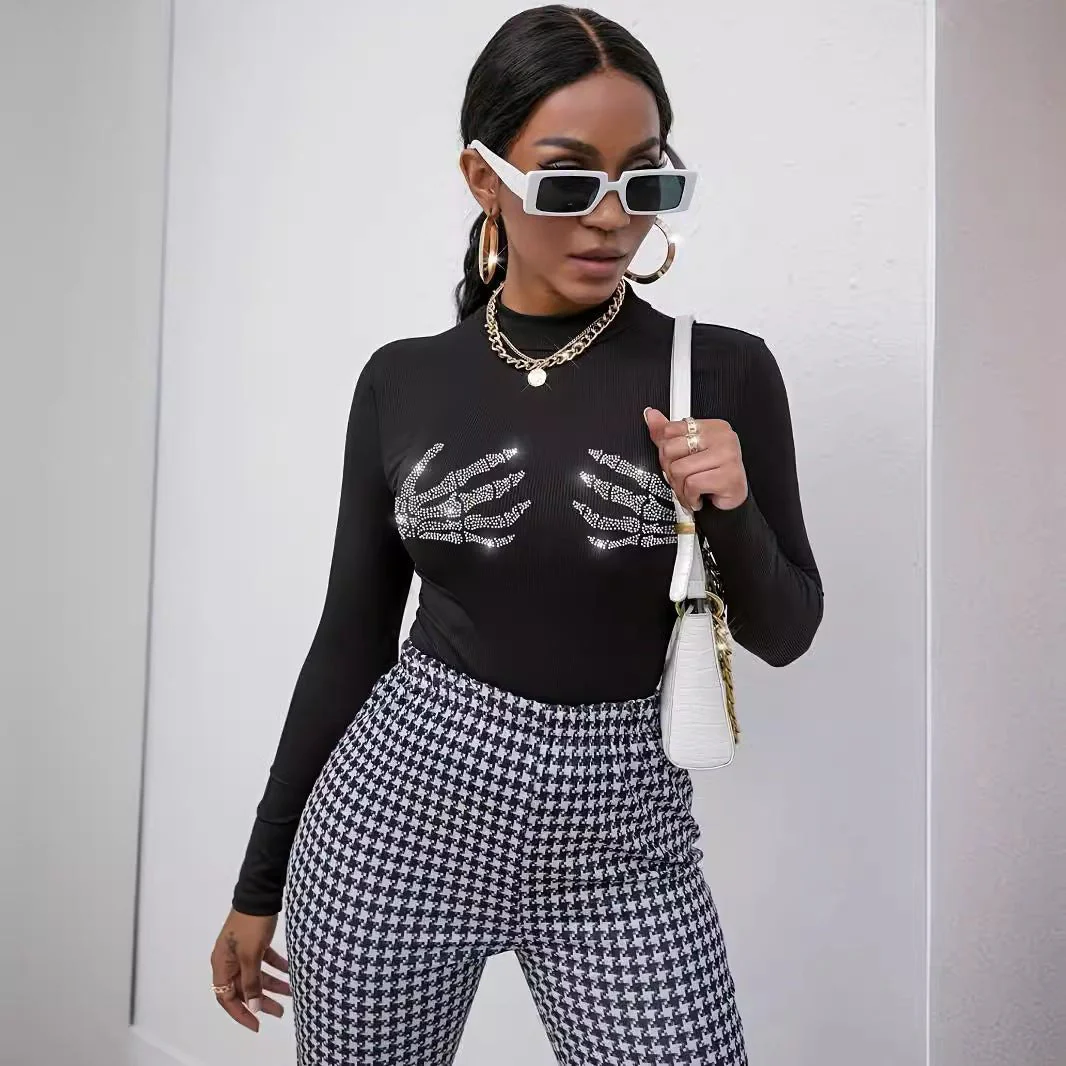 spring 2025 new ribbed knitted fashion skull hot diamond T-shirt top women - Image 4