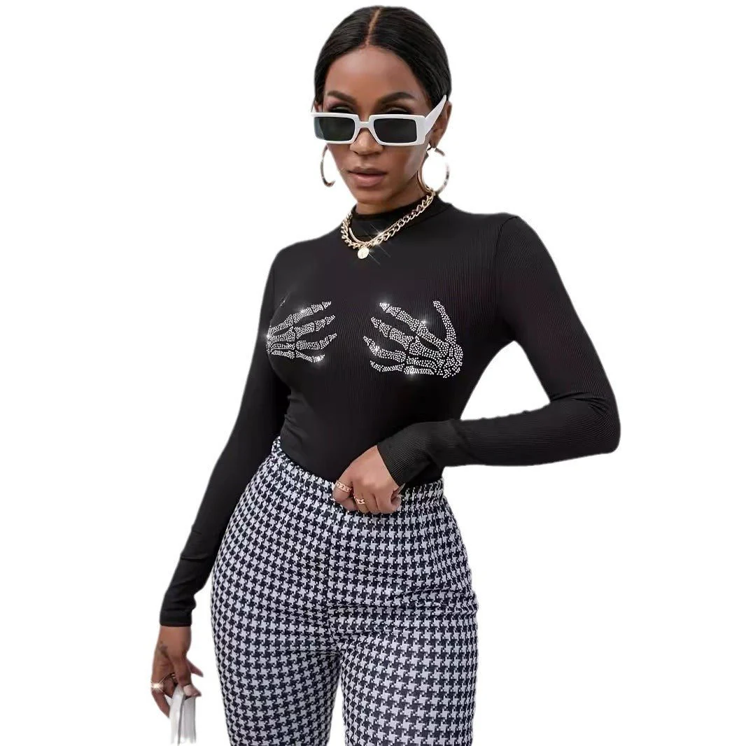 spring 2025 new ribbed knitted fashion skull hot diamond T-shirt top women - Image 5