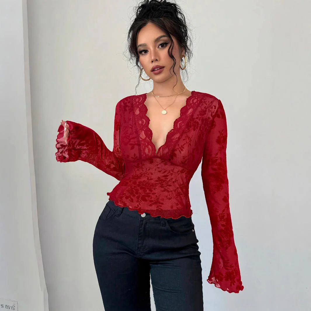 Spring 2026 new women's V-neck lace mesh horn sleeve T-shirt top women - Image 3