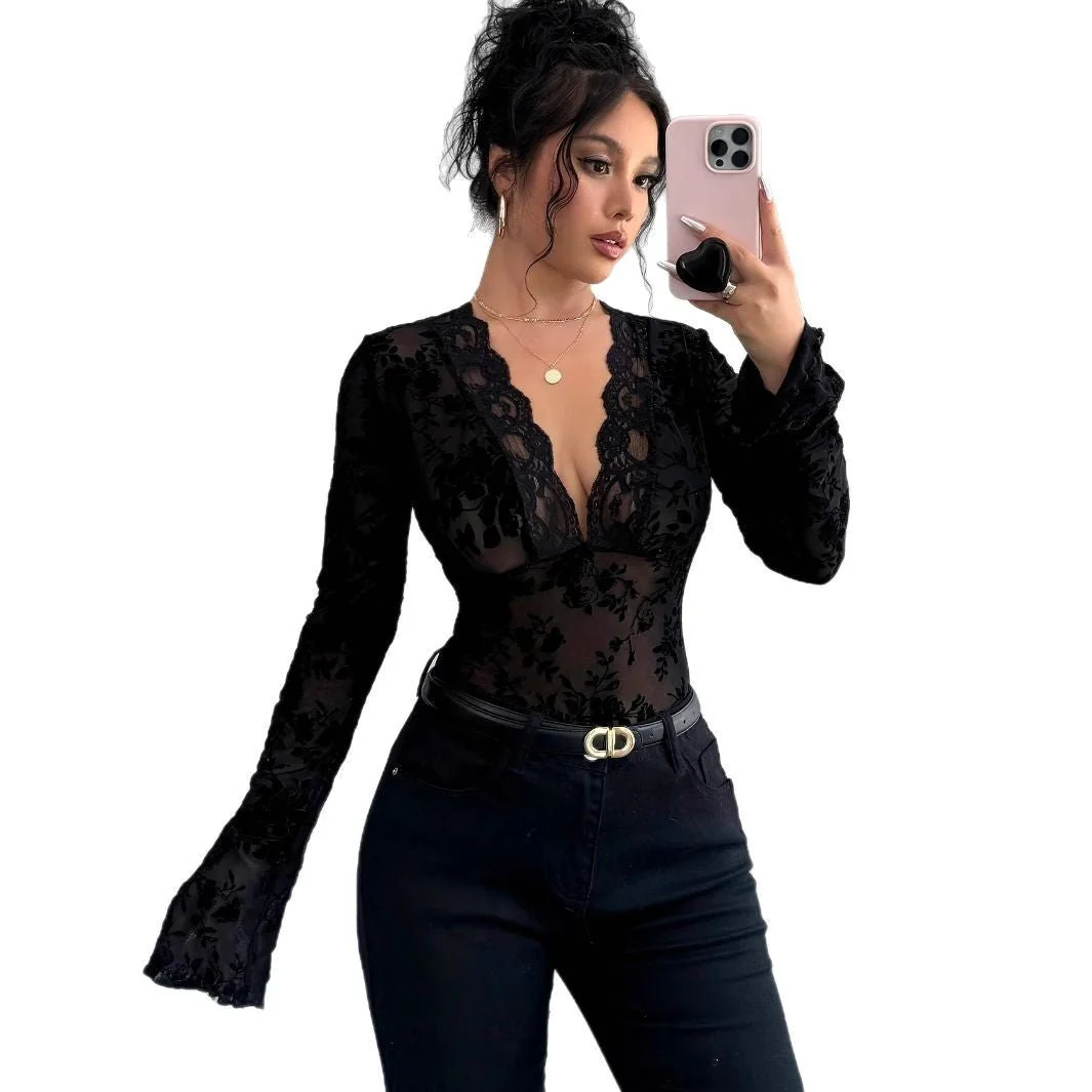 Spring 2026 new women's V-neck lace mesh horn sleeve T-shirt top women - Image 5