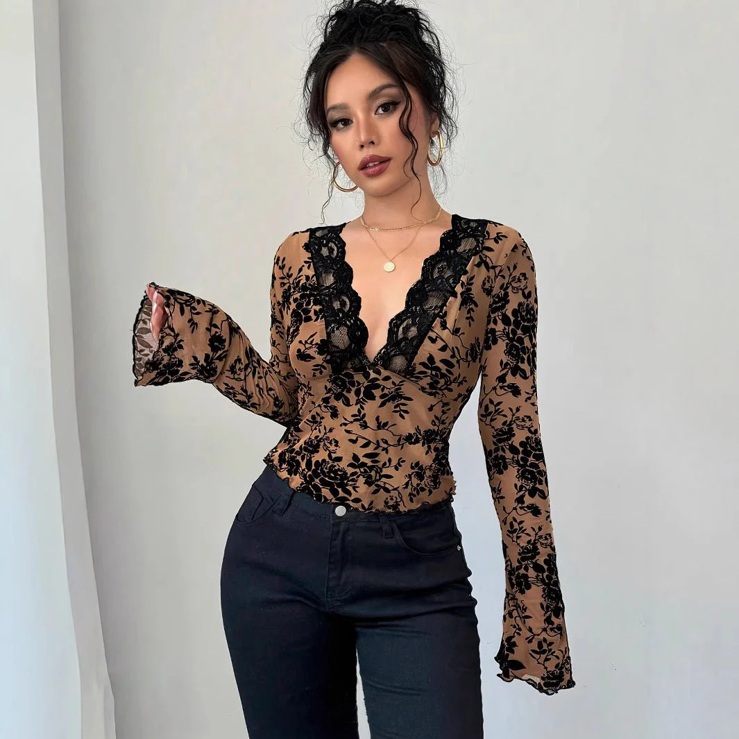 Spring 2026 new women's V-neck lace mesh horn sleeve T-shirt top women - Image 8