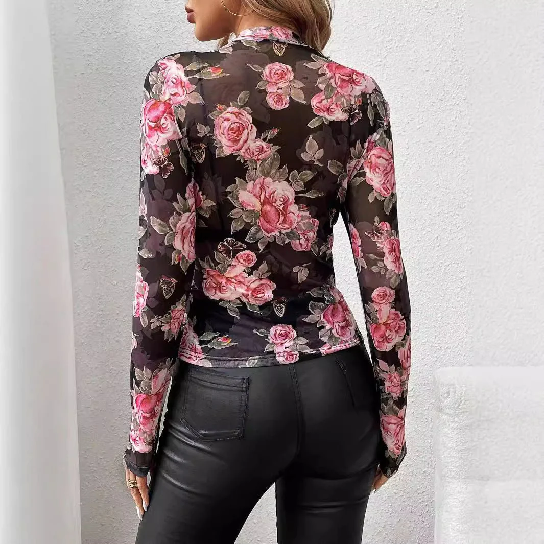 spring and summer 2025 new elegant rose flower printing small stand-up collar mesh slim top women's clothing - Image 2