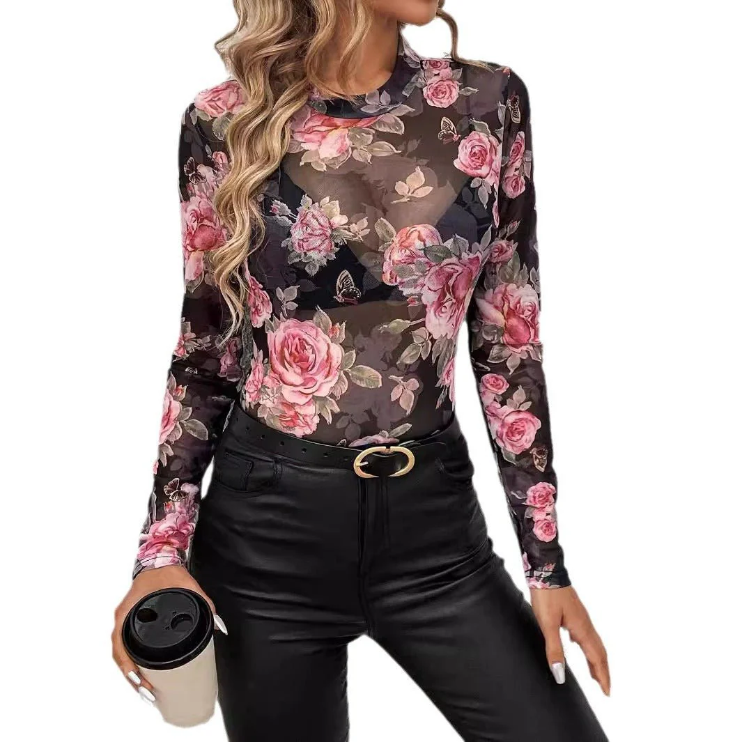 spring and summer 2025 new elegant rose flower printing small stand-up collar mesh slim top women's clothing - Image 5