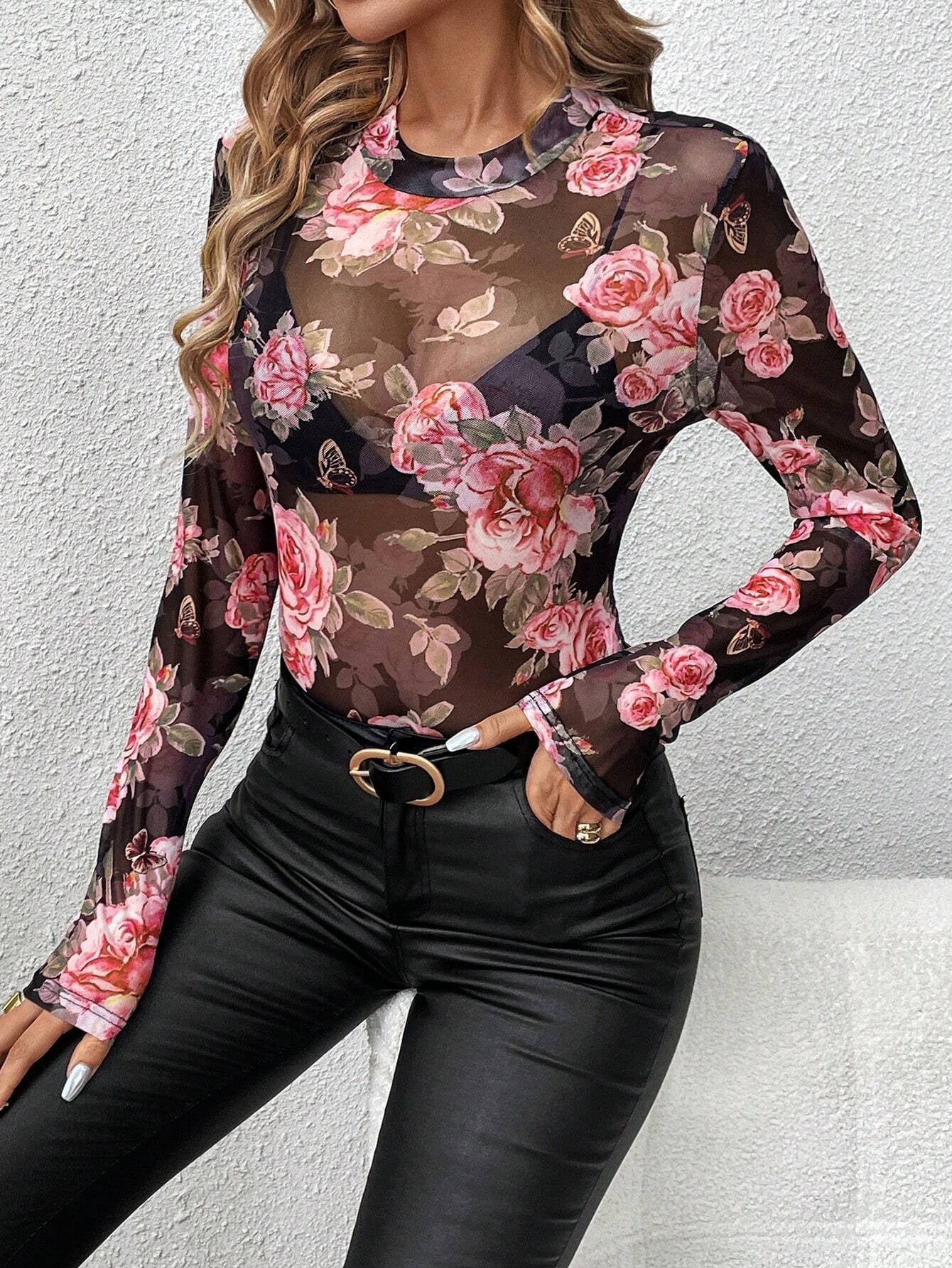 spring and summer 2025 new elegant rose flower printing small stand-up collar mesh slim top women's clothing - Image 6