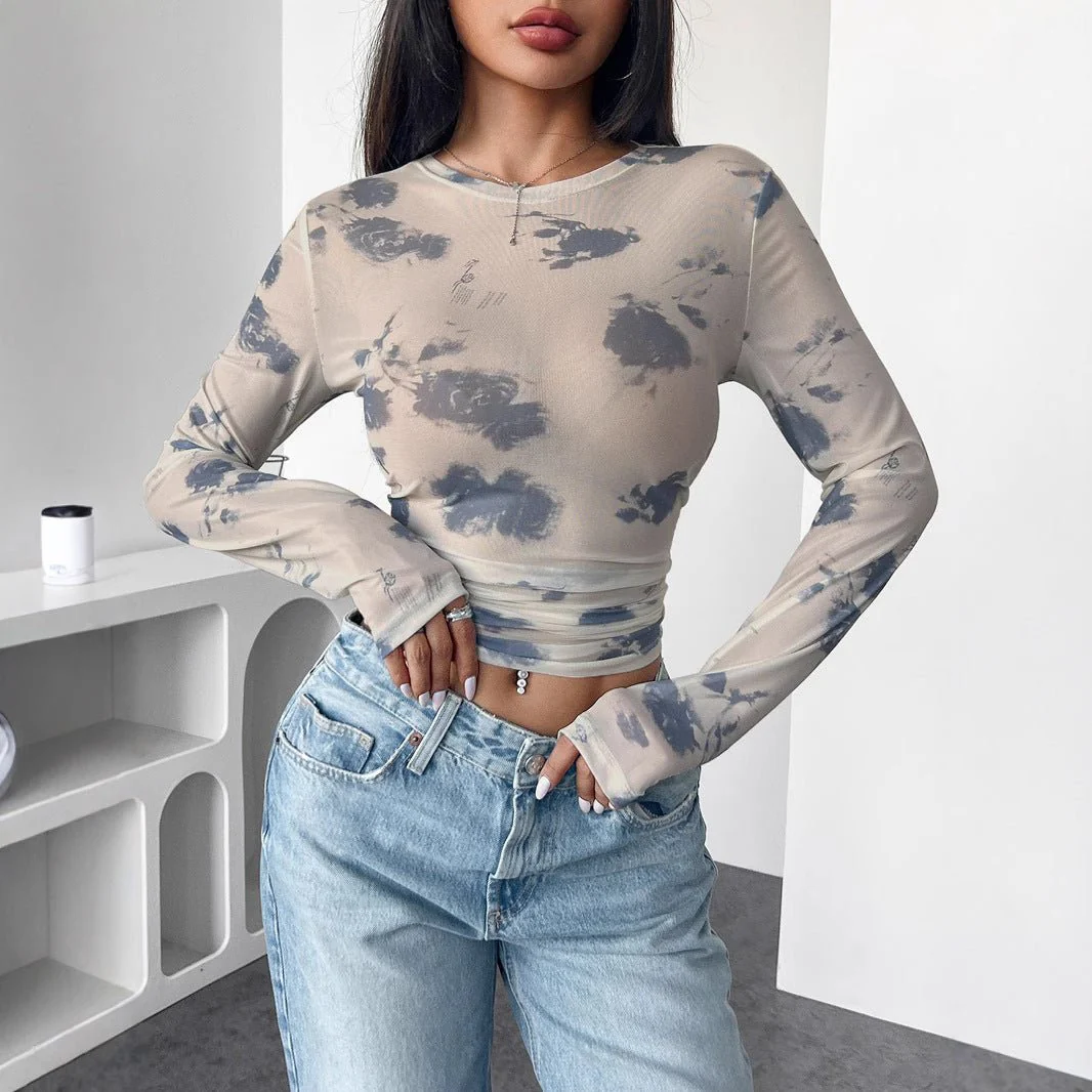 spring and summer 2025 new elegant women's floral mesh printing pleated side short top women