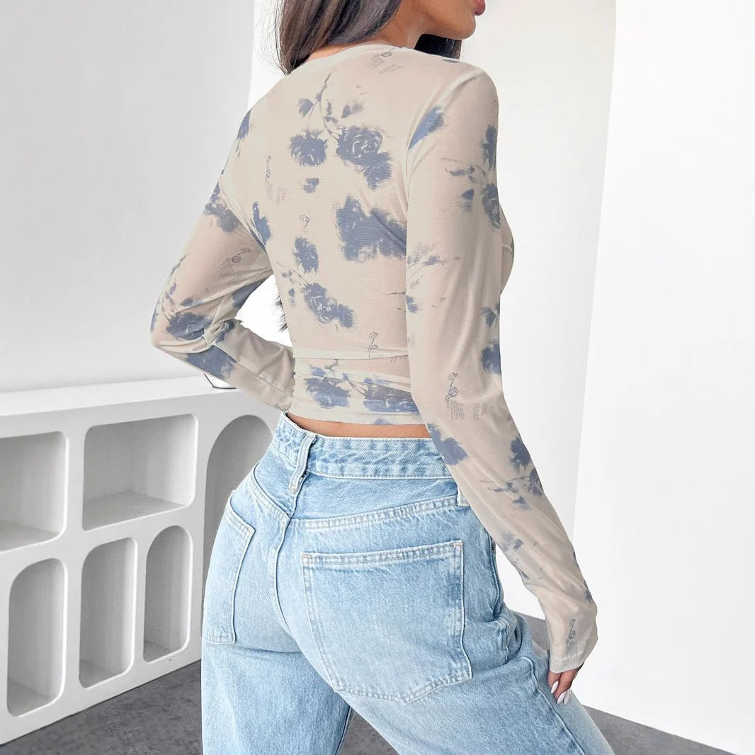 spring and summer 2025 new elegant women's floral mesh printing pleated side short top women - Image 2