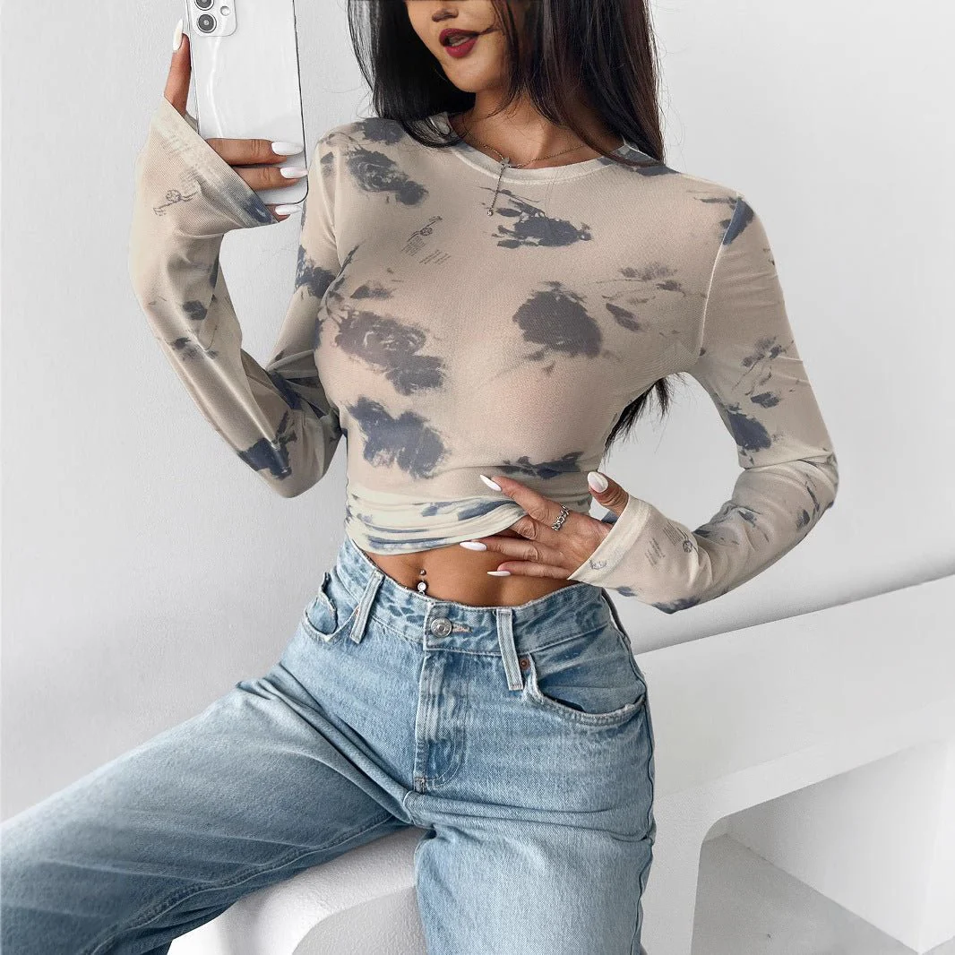 spring and summer 2025 new elegant women's floral mesh printing pleated side short top women - Image 4