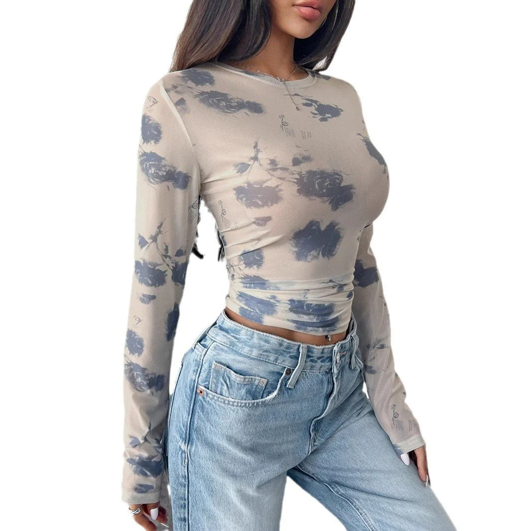 spring and summer 2025 new elegant women's floral mesh printing pleated side short top women - Image 5
