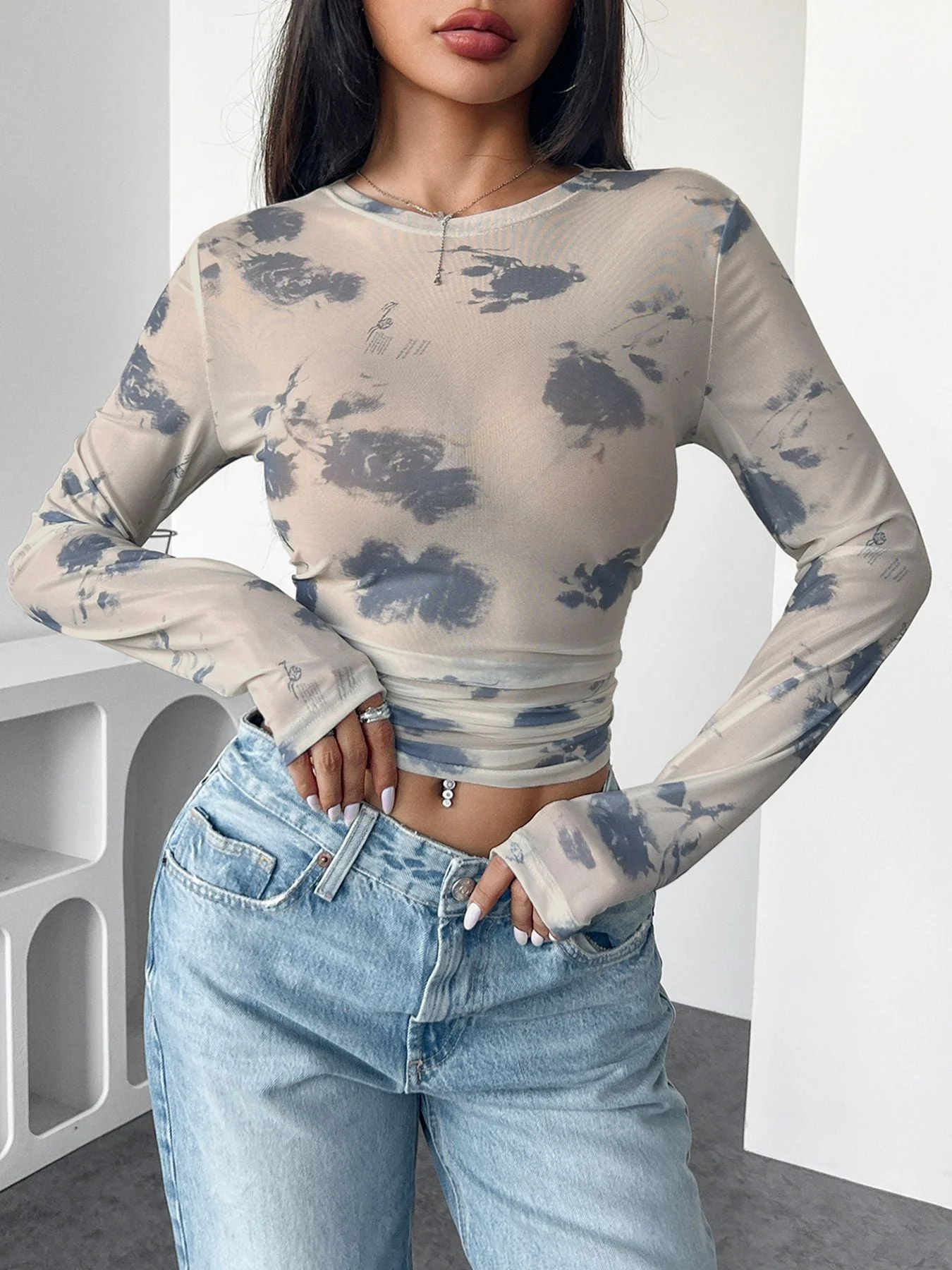 spring and summer 2025 new elegant women's floral mesh printing pleated side short top women - Image 6