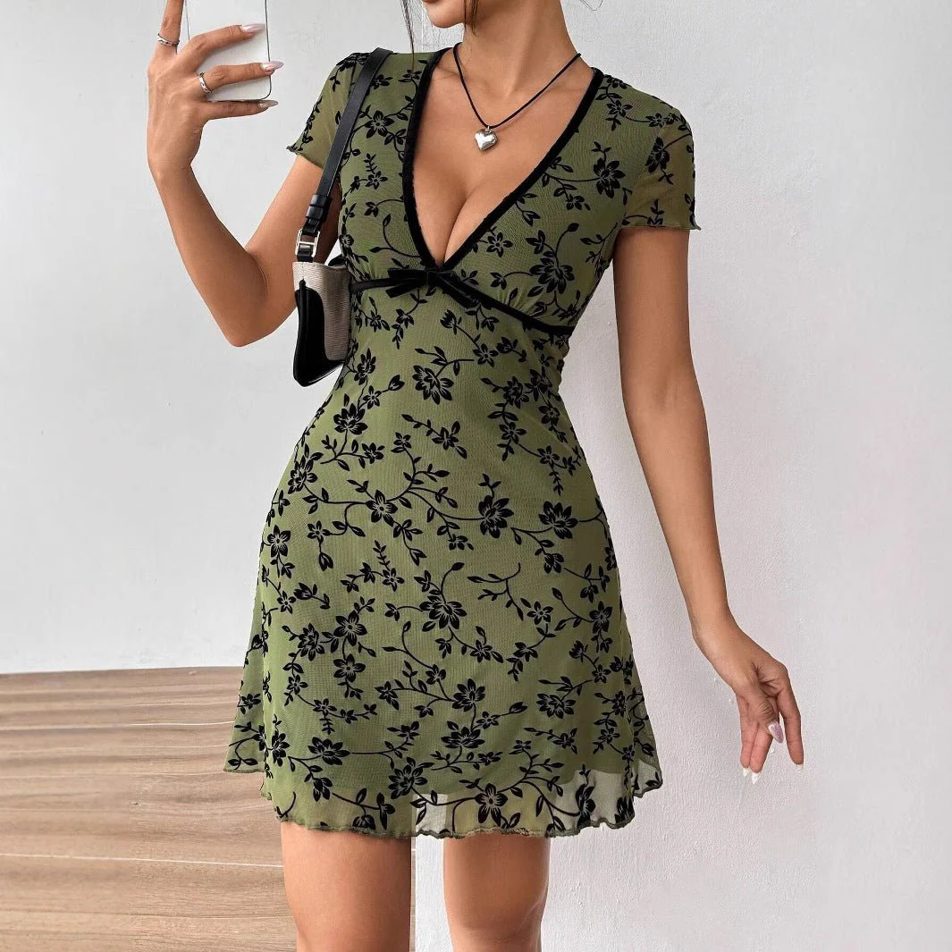 The Army Bloom | Women's Floral Print V-Neck Short-Sleeve Mini Dress