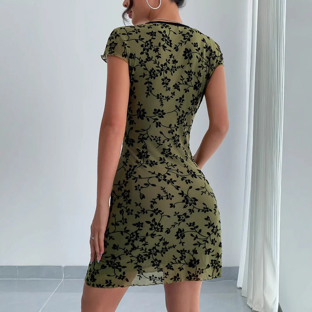 The Army Bloom | Women's Floral Print V-Neck Short-Sleeve Mini Dress - Image 2