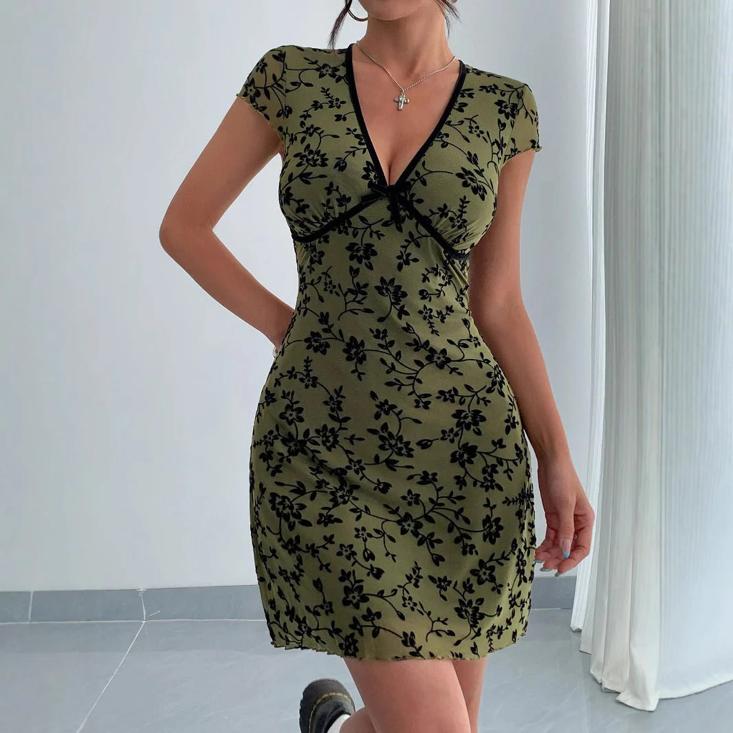 The Army Bloom | Women's Floral Print V-Neck Short-Sleeve Mini Dress - Image 3