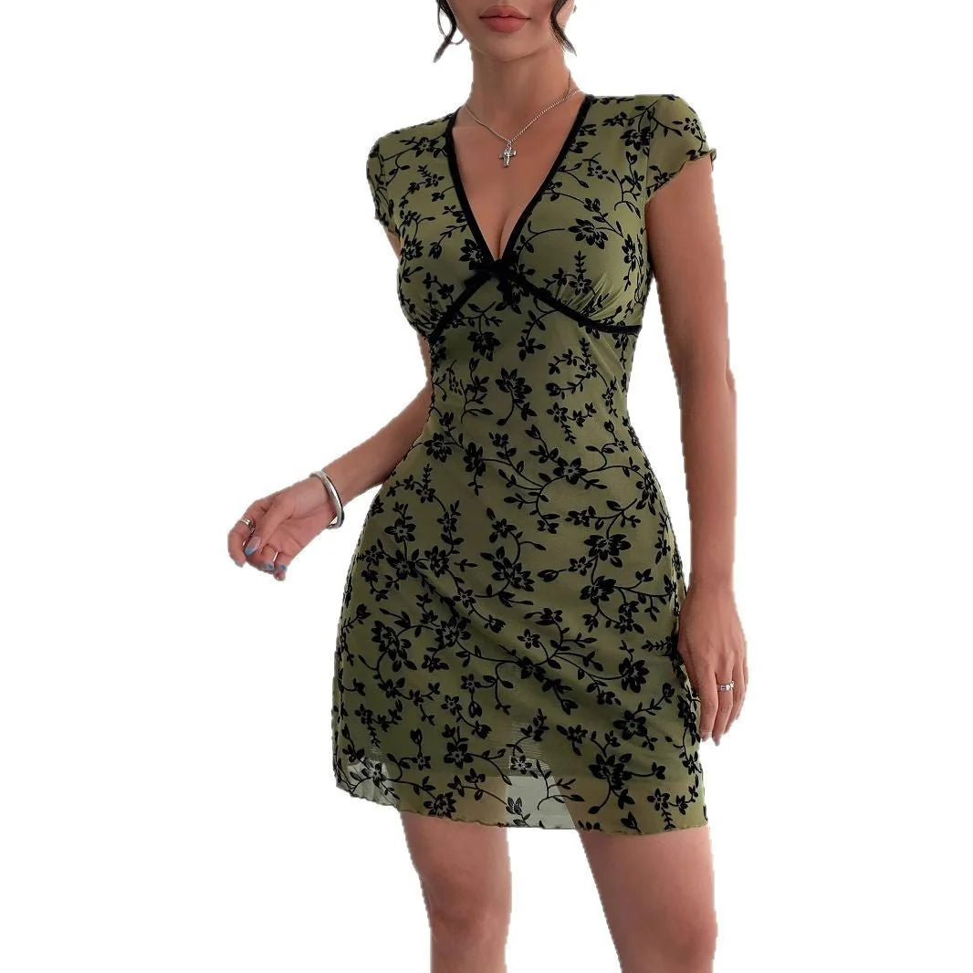The Army Bloom | Women's Floral Print V-Neck Short-Sleeve Mini Dress - Image 5