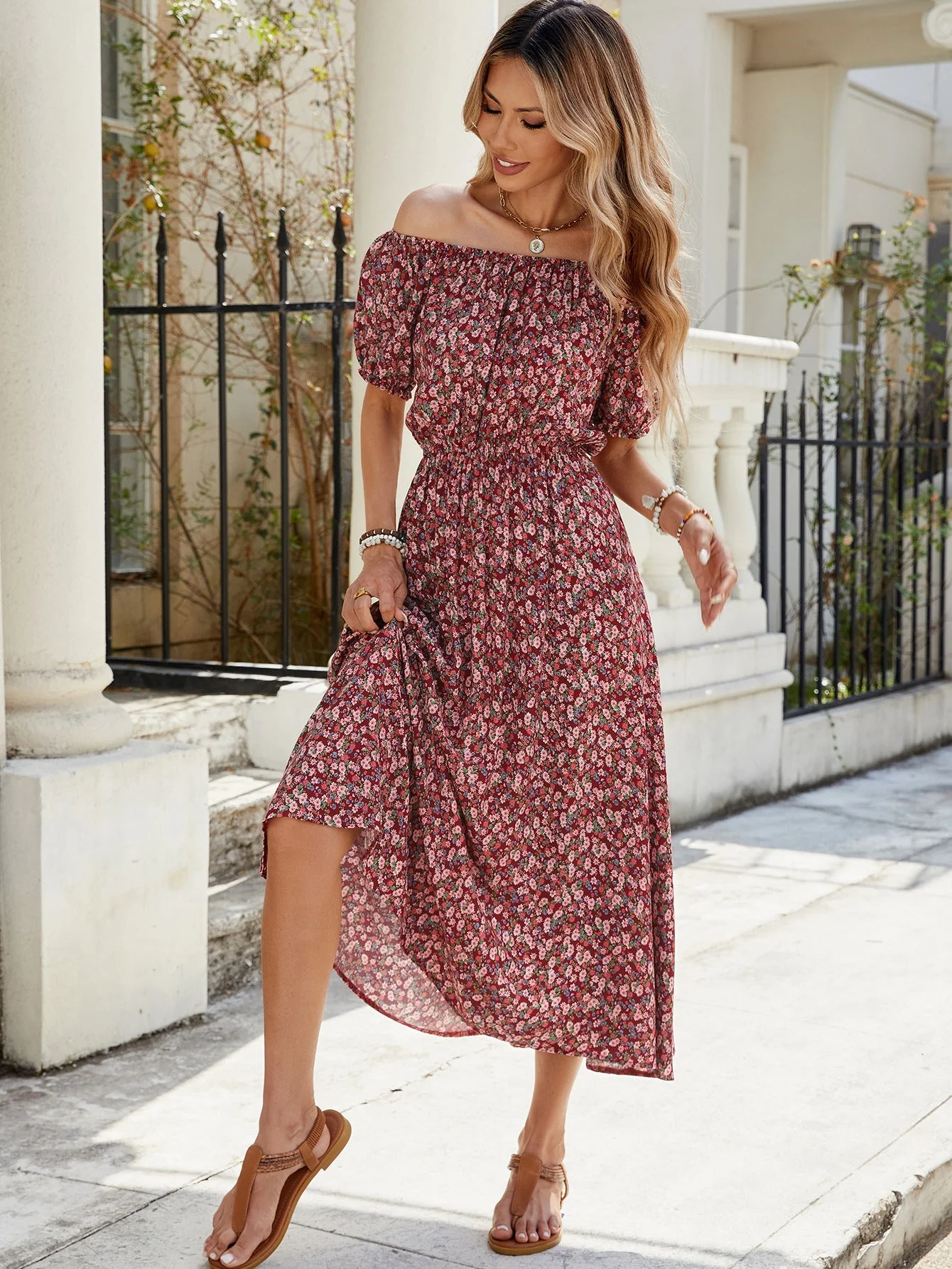 The Claret Retro | Women's Floral One-Shoulder Short-Sleeve Midi Dress - Image 4