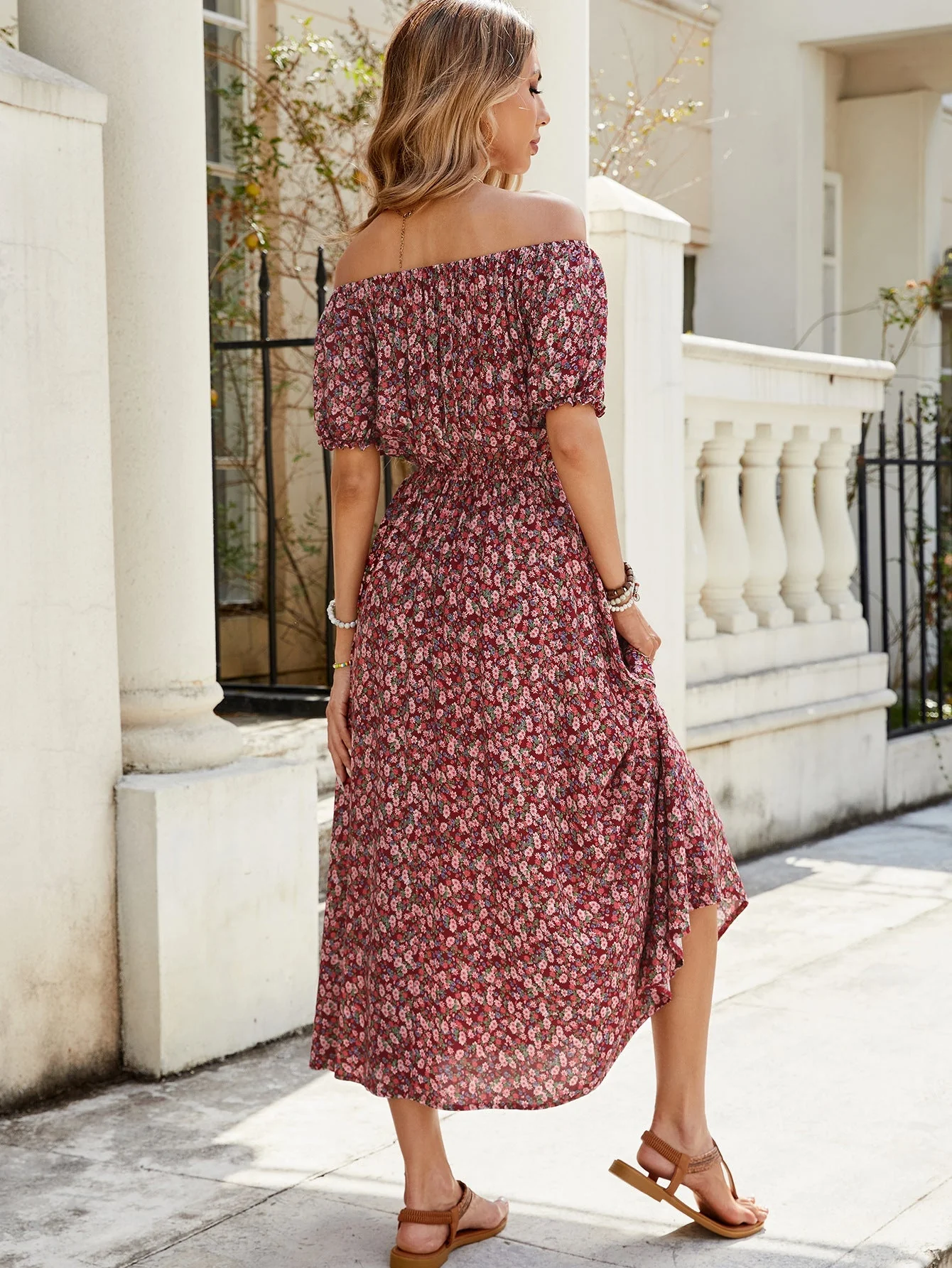 The Claret Retro | Women's Floral One-Shoulder Short-Sleeve Midi Dress - Image 5