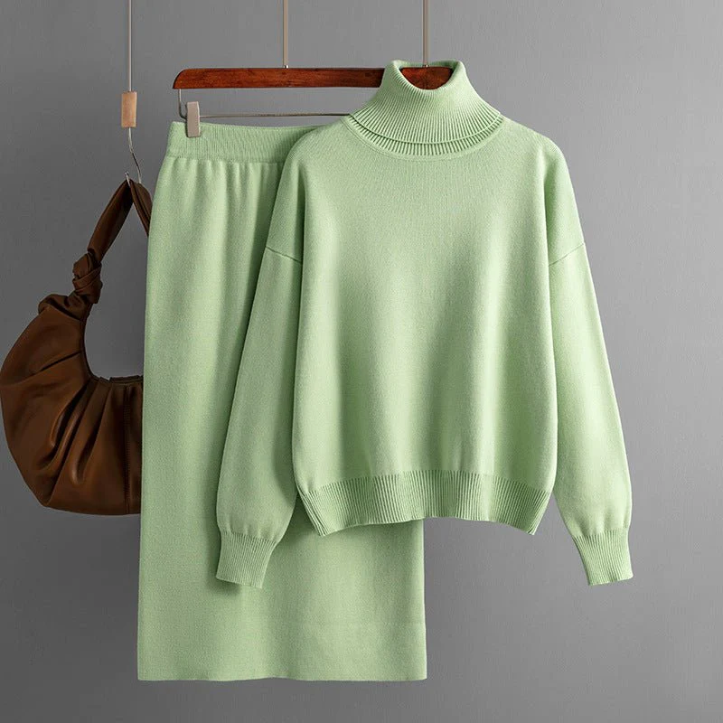 The Cozy Knit | Solid Color Turtleneck Sweater & Midi Skirt Set FD - Image 3