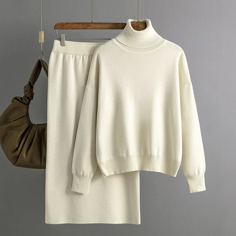 The Cozy Knit | Solid Color Turtleneck Sweater & Midi Skirt Set FD - Image 4