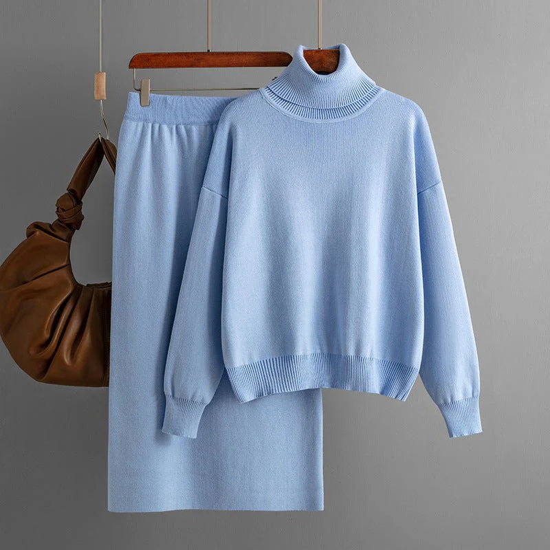 The Cozy Knit | Solid Color Turtleneck Sweater & Midi Skirt Set FD - Image 9