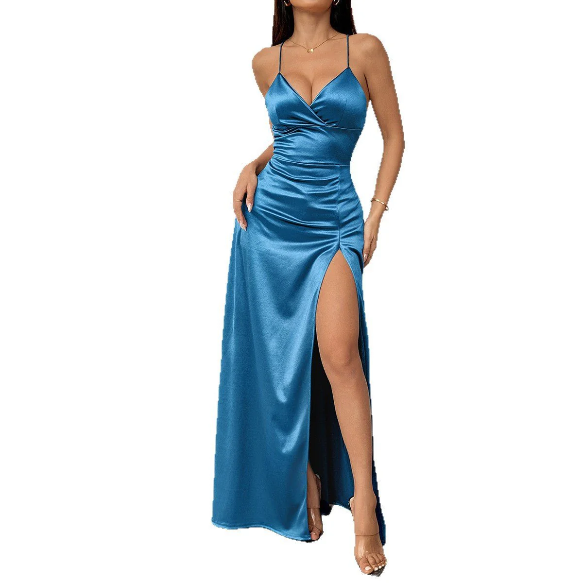 The Crimson Elegance | Women's Sleeveless V-Neck High-Slit Mermaid Maxi Dress - Image 5