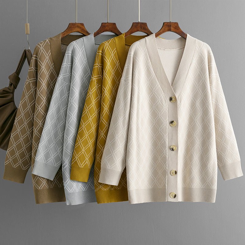 The Diamond Grace | Women's V-Neck Diamond Pattern Knit Cardigan