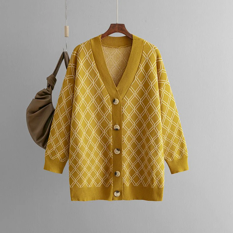 The Diamond Grace | Women's V-Neck Diamond Pattern Knit Cardigan - Image 10