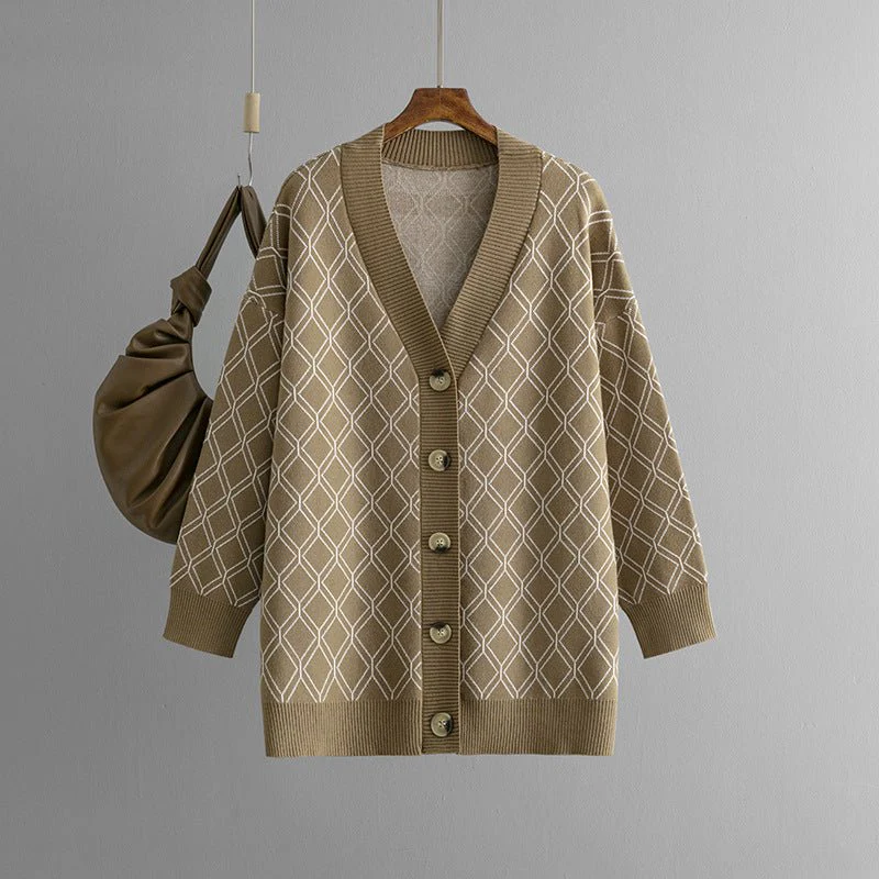 The Diamond Grace | Women's V-Neck Diamond Pattern Knit Cardigan - Image 12
