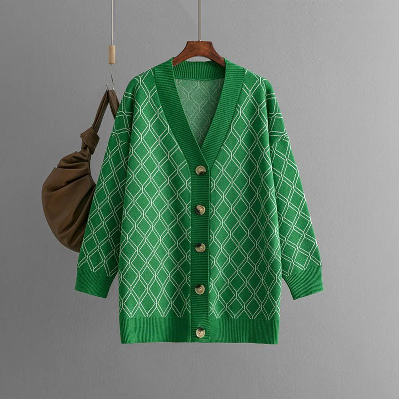 The Diamond Grace | Women's V-Neck Diamond Pattern Knit Cardigan - Image 9