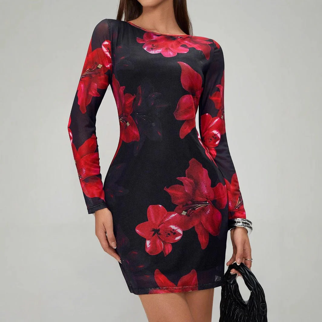 The Floral Mesh | Women's Floral Print Mesh Long-Sleeve Pencil Mini Dress