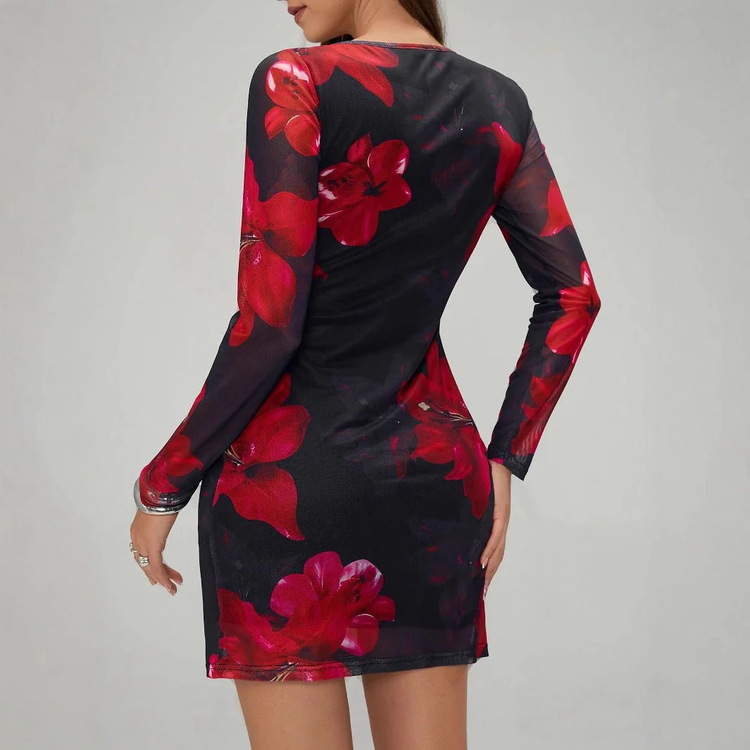 The Floral Mesh | Women's Floral Print Mesh Long-Sleeve Pencil Mini Dress - Image 2