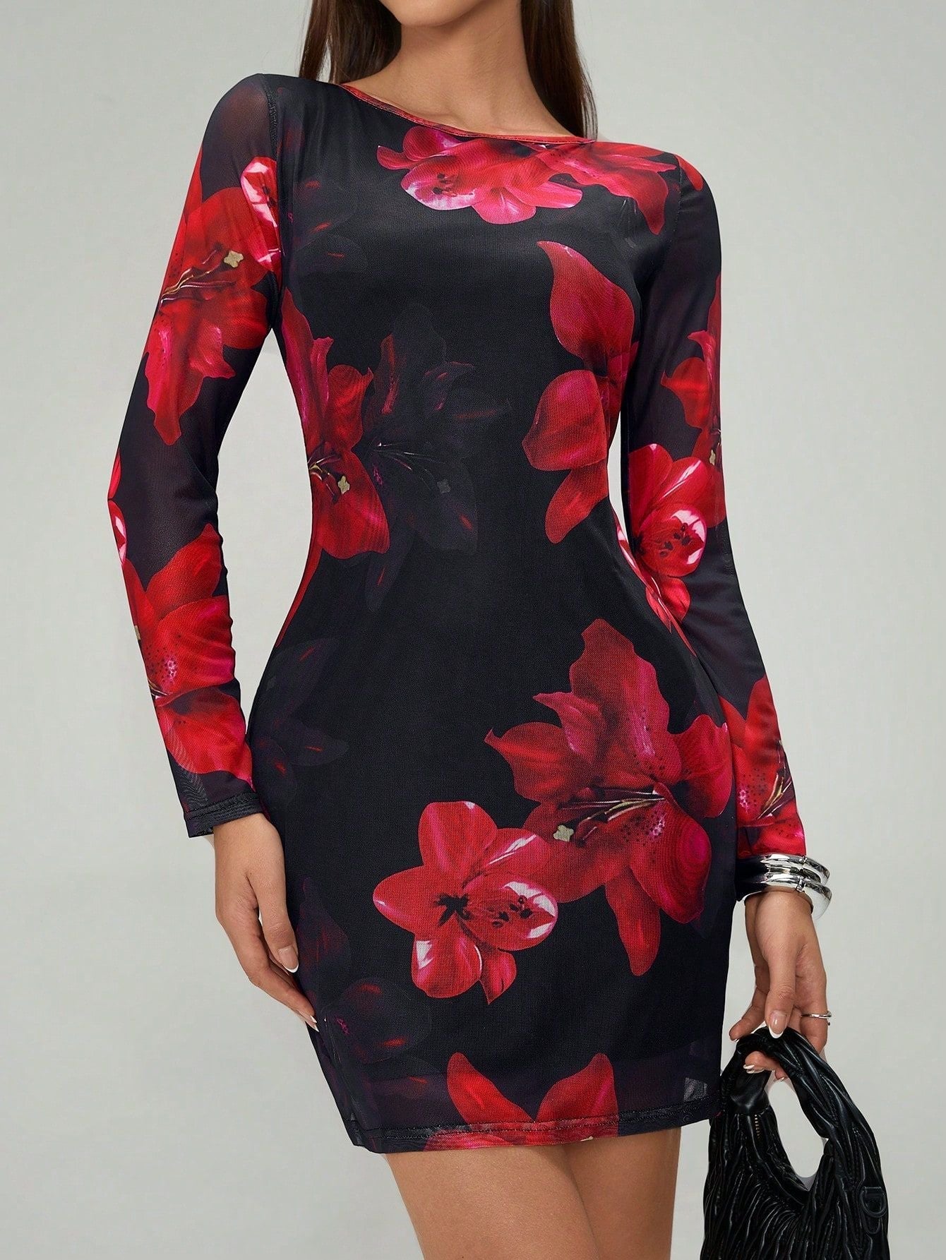 The Floral Mesh | Women's Floral Print Mesh Long-Sleeve Pencil Mini Dress - Image 6