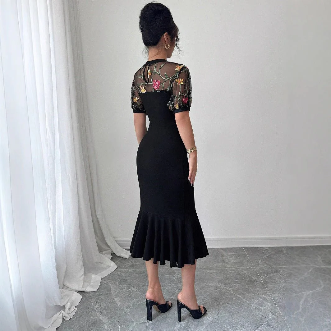 The Imperial Jacquard | Women's Floral Jacquard Lace Lantern Sleeve Midi Dress - Image 2