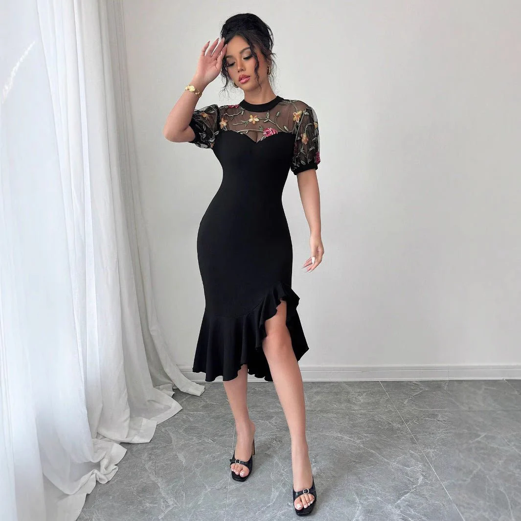 The Imperial Jacquard | Women's Floral Jacquard Lace Lantern Sleeve Midi Dress - Image 3