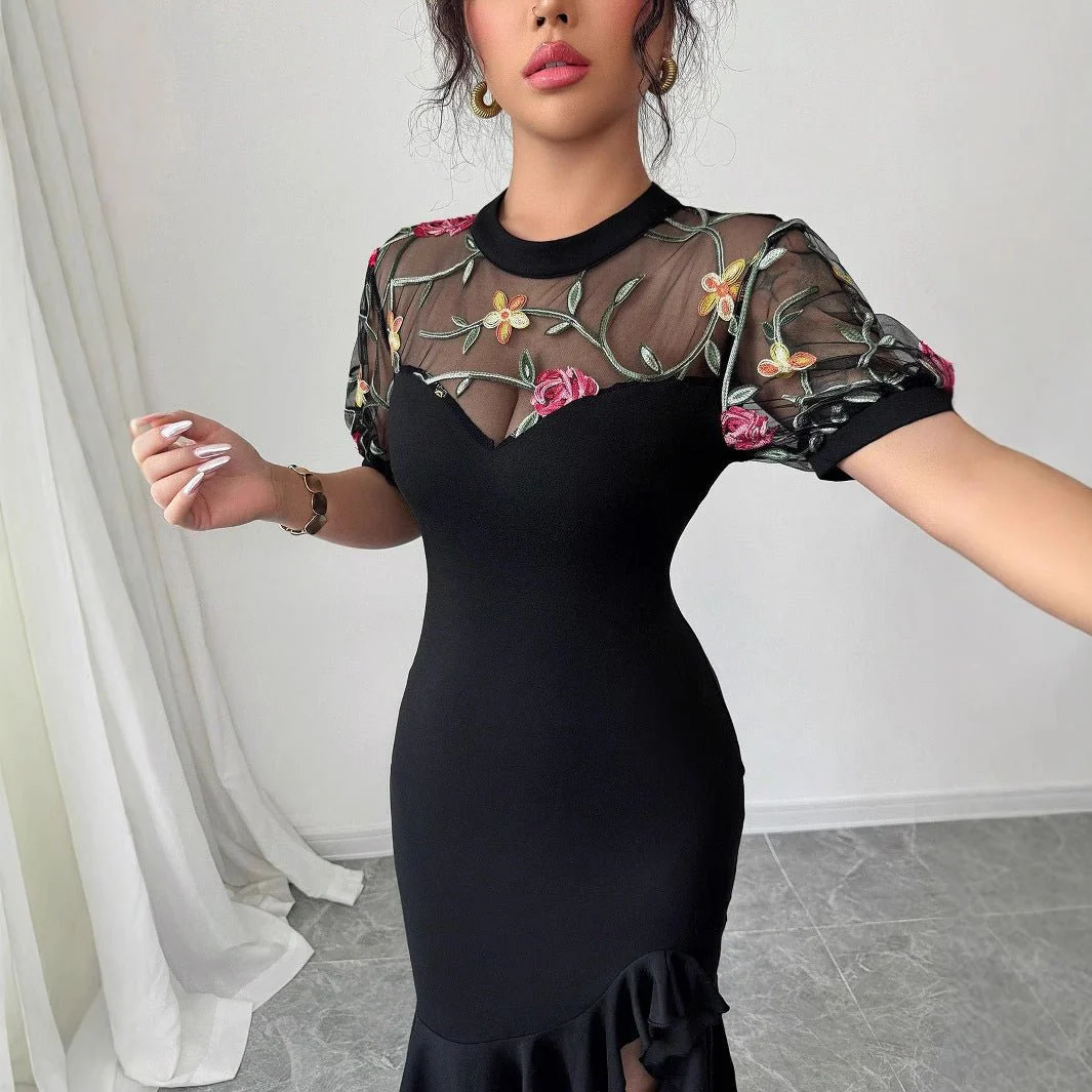 The Imperial Jacquard | Women's Floral Jacquard Lace Lantern Sleeve Midi Dress - Image 4