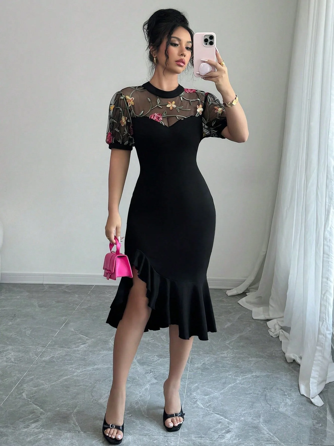The Imperial Jacquard | Women's Floral Jacquard Lace Lantern Sleeve Midi Dress - Image 6