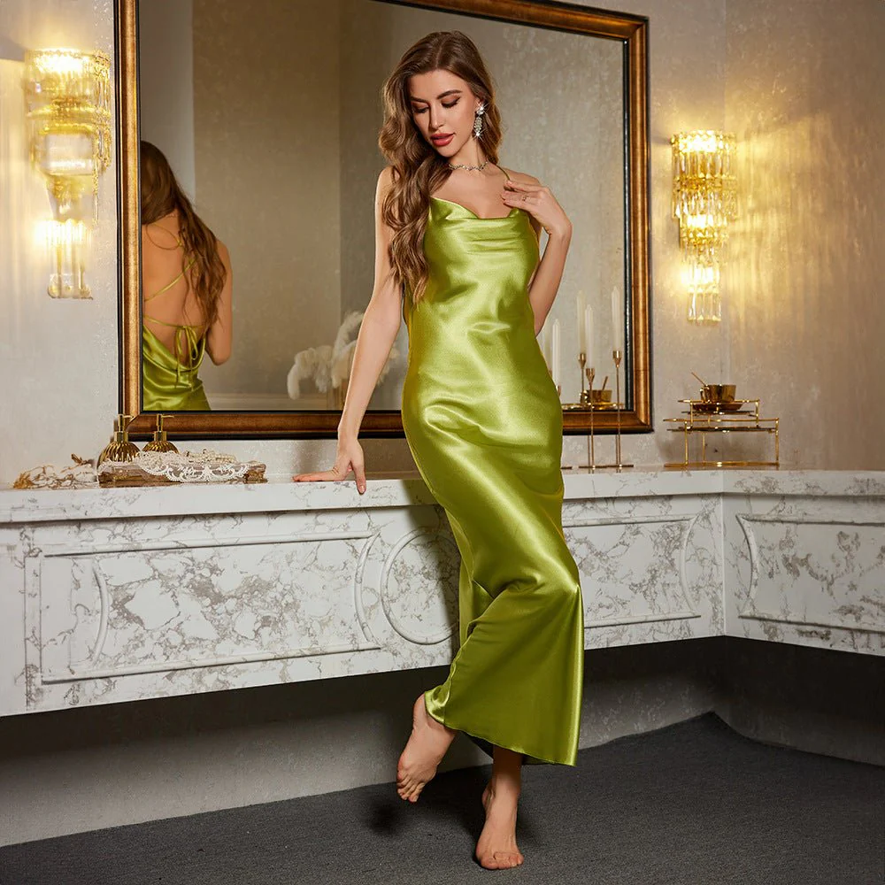 The Midnight Allure | Solid Color Backless Ice Silk Suspender Maxi Nightdress FD
