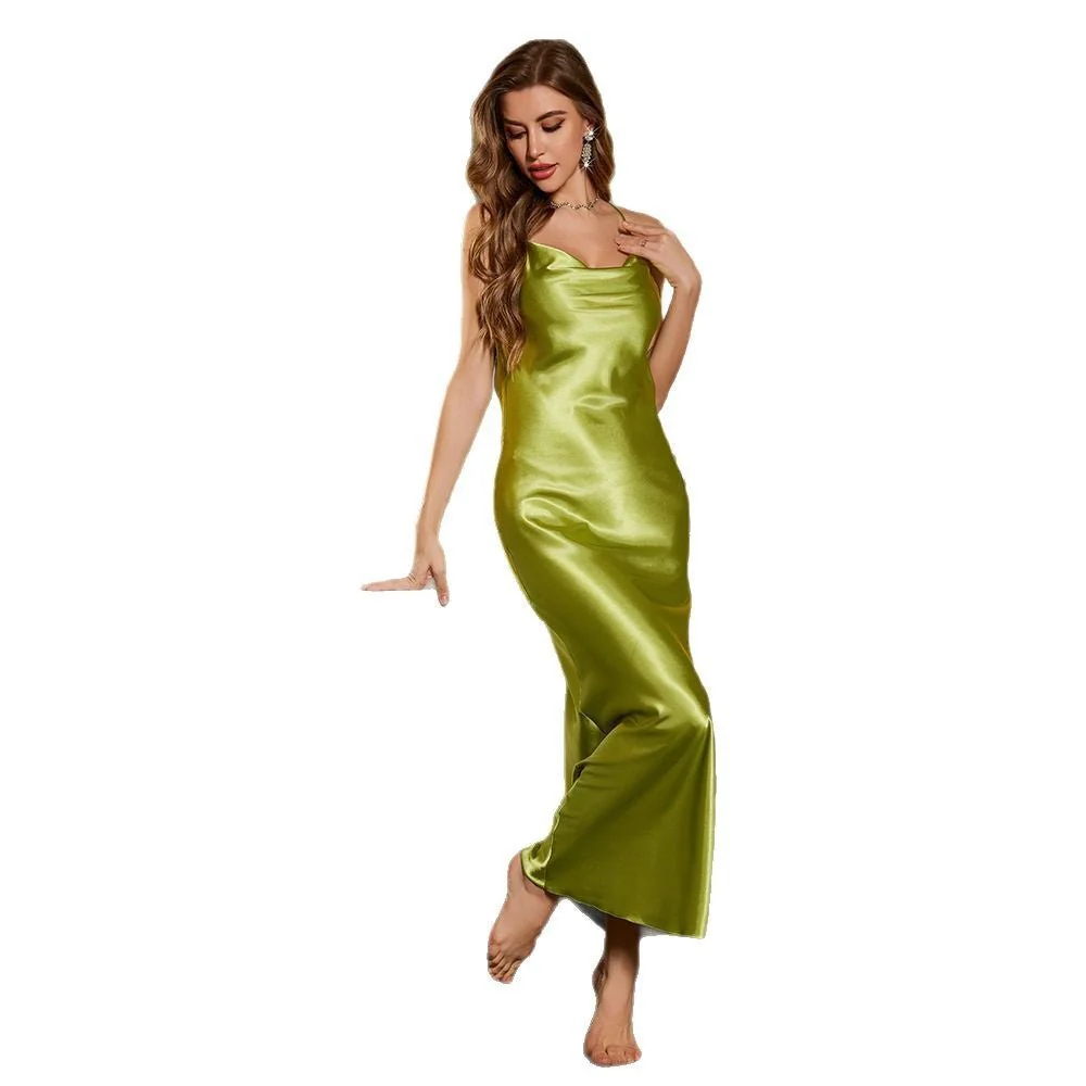 The Midnight Allure | Solid Color Backless Ice Silk Suspender Maxi Nightdress FD - Image 5