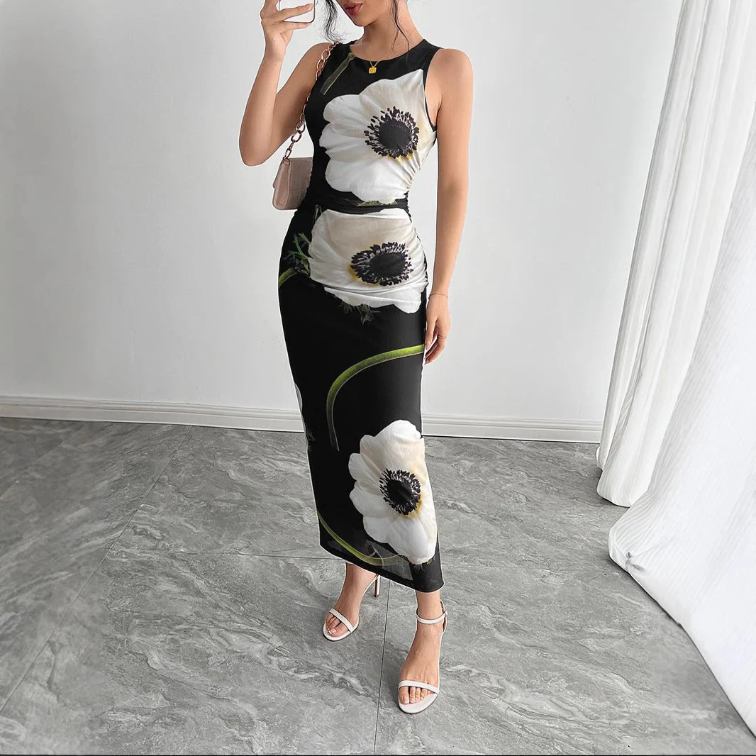 The Midnight Garden | Women's Mesh Floral Print Sleeveless Maxi Dress