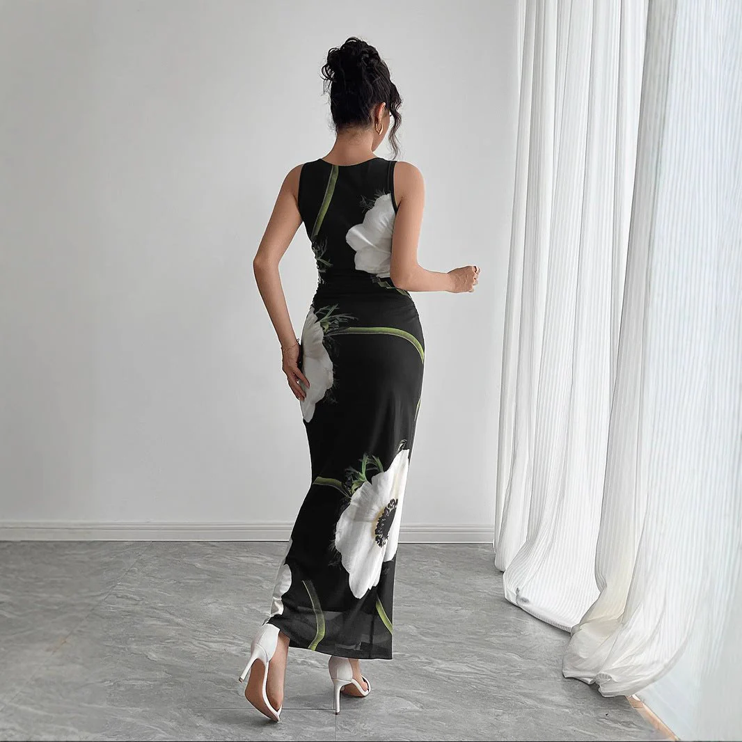 The Midnight Garden | Women's Mesh Floral Print Sleeveless Maxi Dress - Image 2