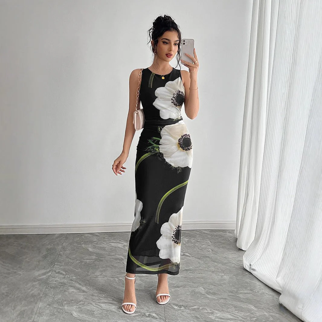 The Midnight Garden | Women's Mesh Floral Print Sleeveless Maxi Dress - Image 3